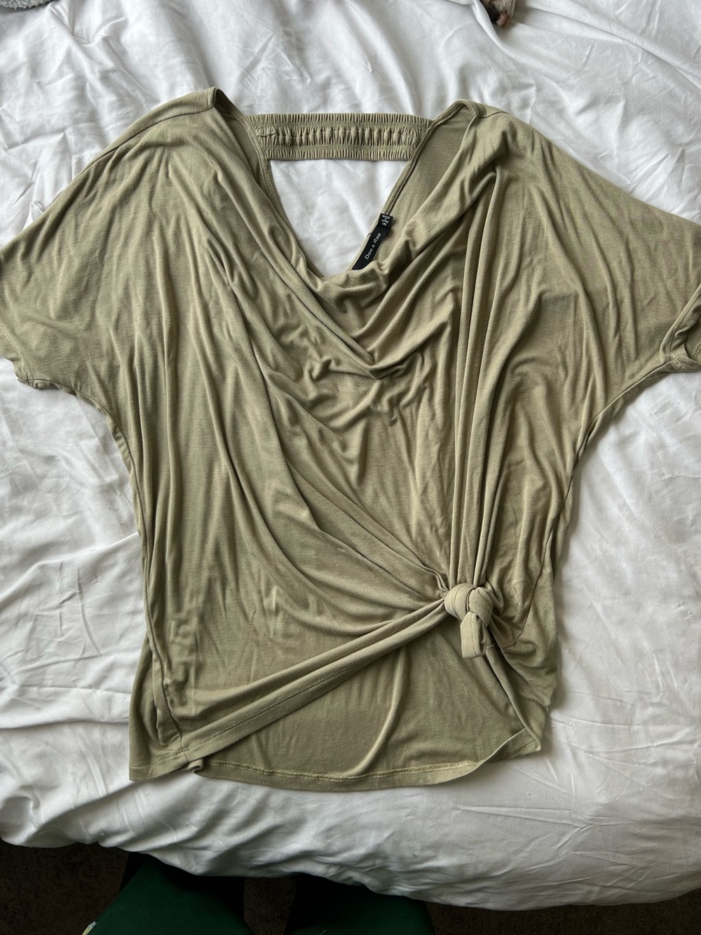 Doe & Rae Olive Knot-Front Draped Short Sleeve Top